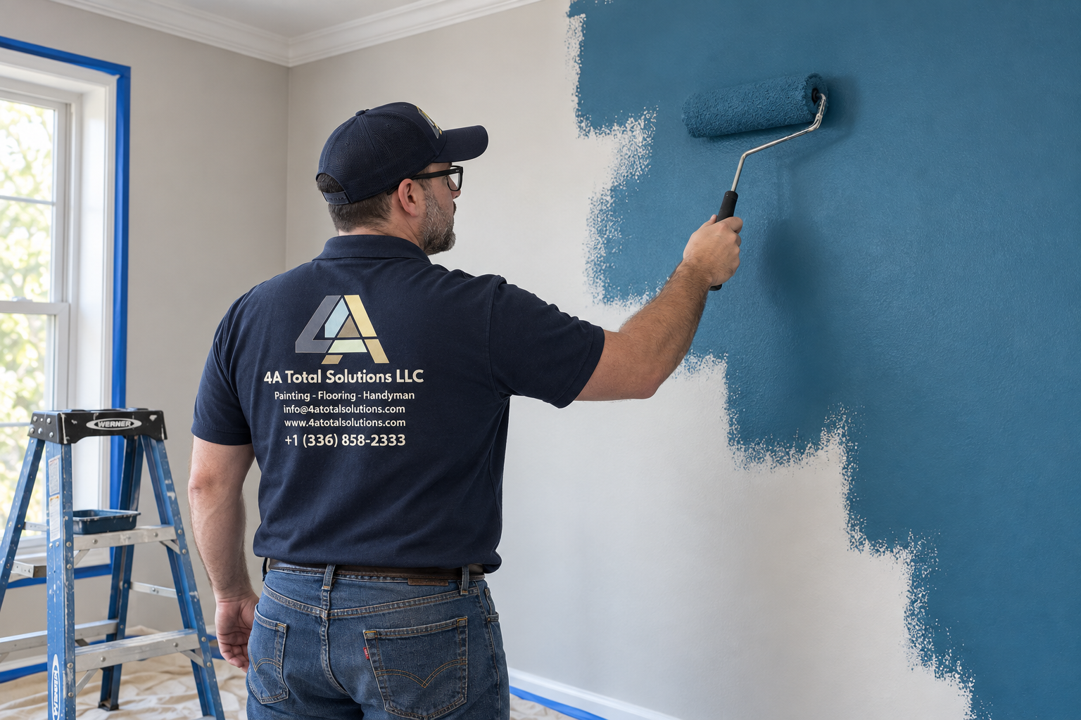Painter applying a fresh blue finish to an interior wall